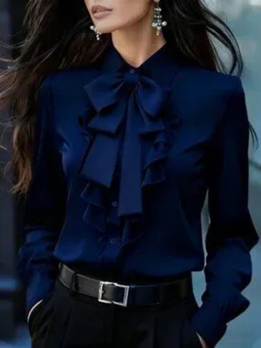 Navy Blue Chic Women's Long Sleeve Blouse with Tie Collar, Ruffle Bow